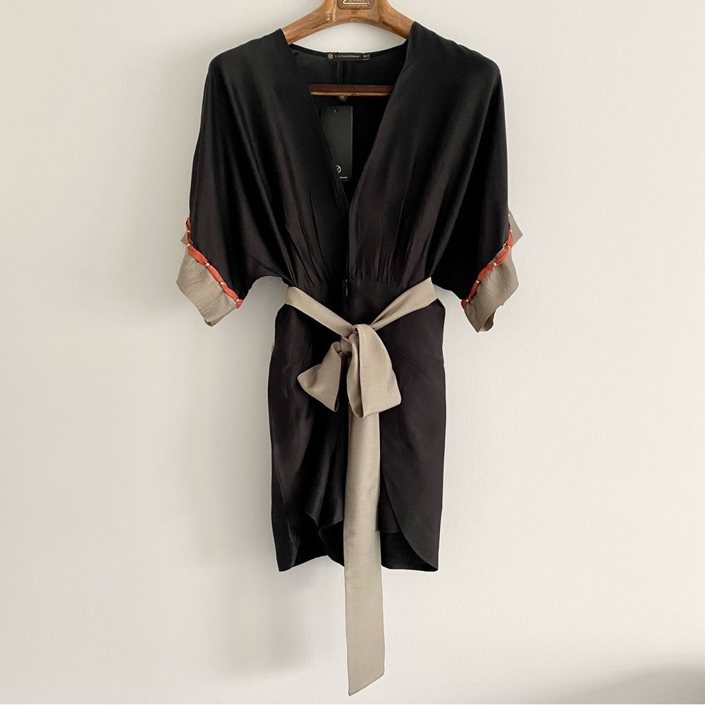 ViX Paula Hermanny Black Kimono Romper with Taupe Tie and Trim